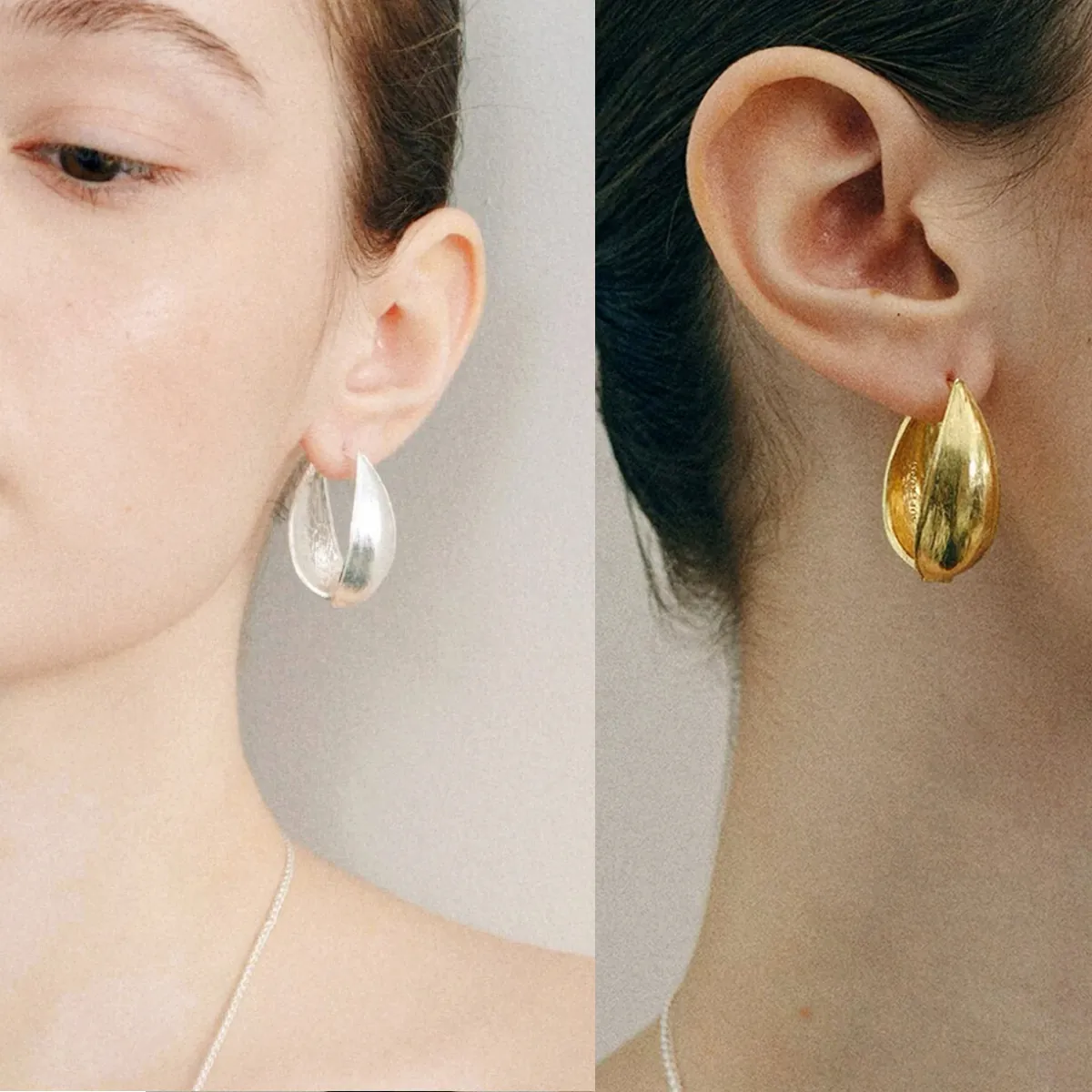 Boucles d'Oreilles Huggie en Laiton Plaqué Or Argent Minimaliste Texture Nervurée Forme de Feuille pour Bijoux de Mode Femme