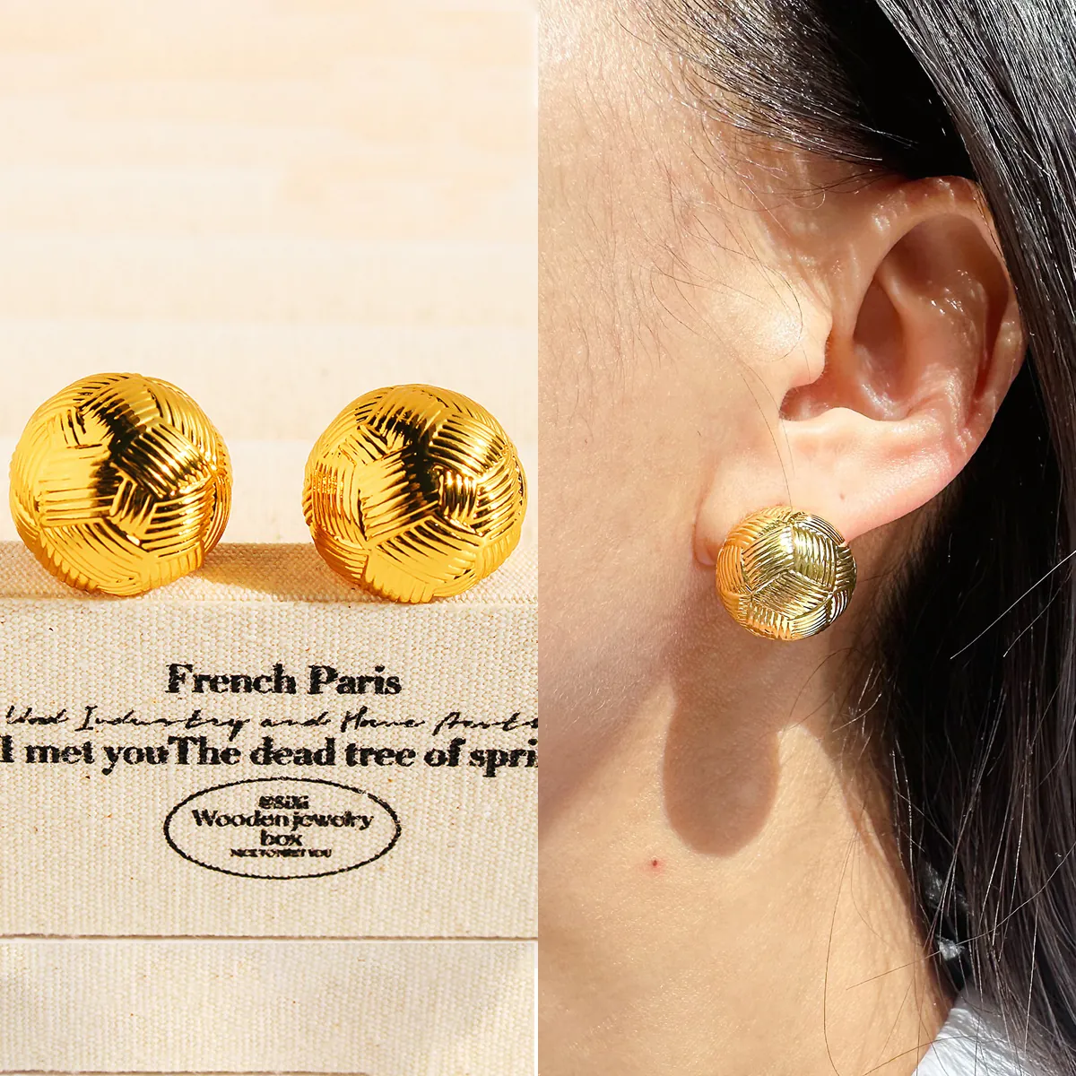 Creative Knitted Ball Stud Earrings For Women Brass Gold Plated Woven Design With 925 Sterling Silver Earring Post