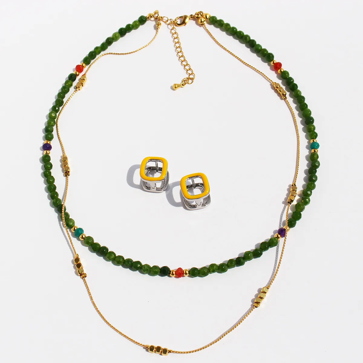 Double Layer Necklace Green Faceted Stone Beads Brass Gold Plated Chain Bohemian Style Jewelry For Women
