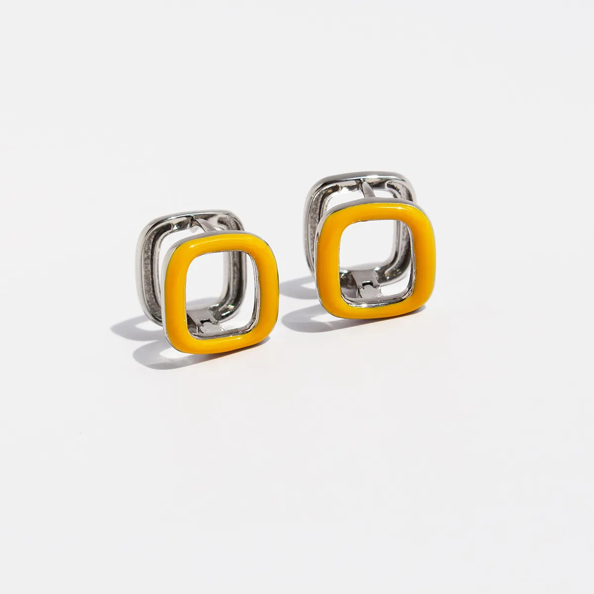 Minimalist Square Hoop Earrings For Women Brass Bright Yellow Enamel Geometric Niche Style Fashion Jewelry