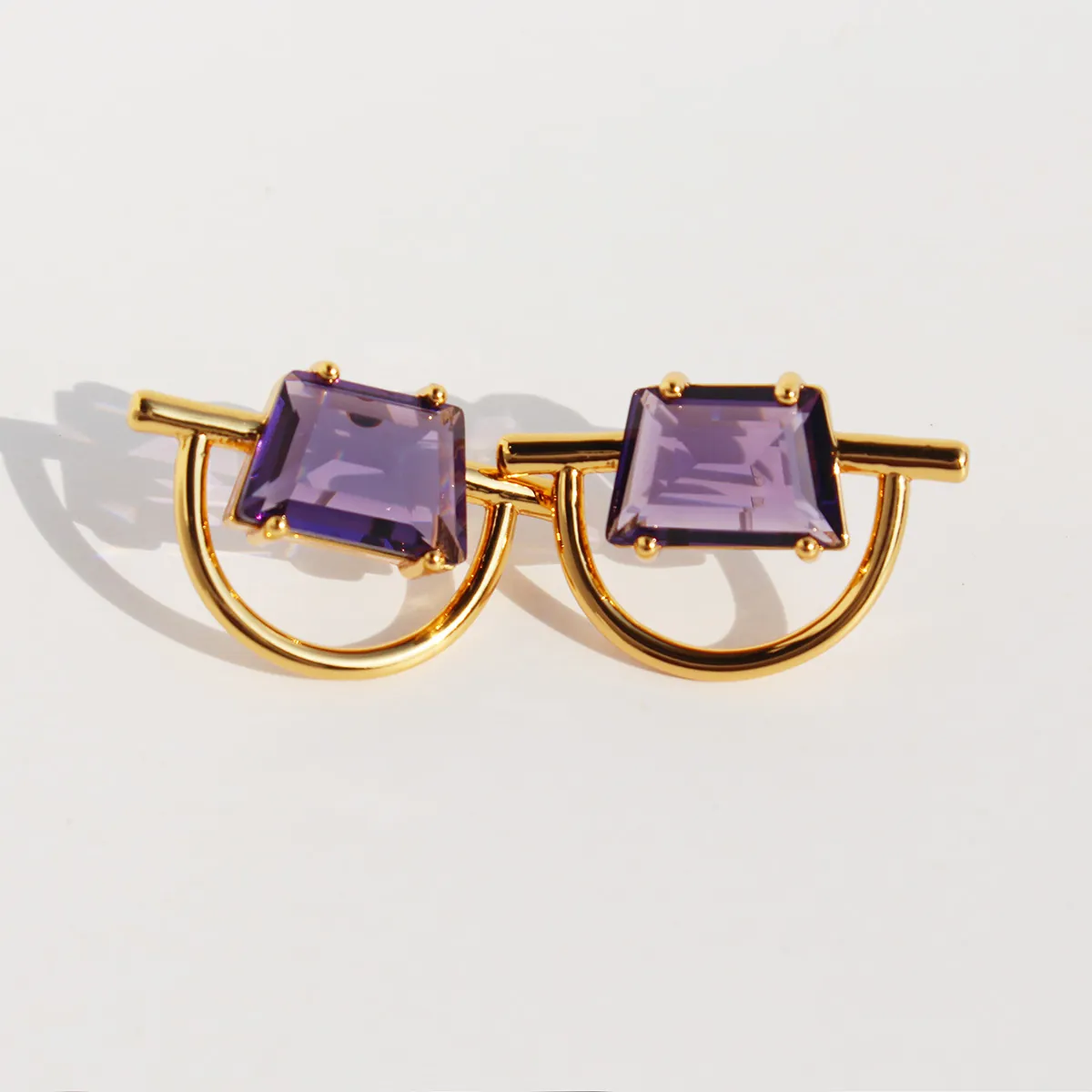 Geometric Stud Earrings Purple Zircon Brass Gold Plated With 925 Sterling Silver Earring Post Minimalist Modern Women