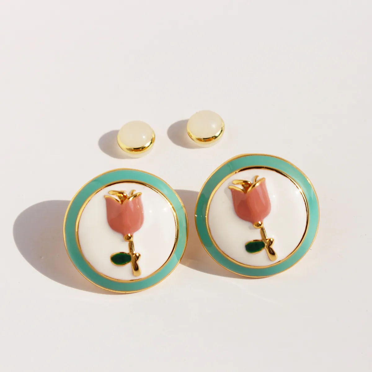 Vintage Round Enamel Stud Earrings With Pink Tulip Flower Design Brass And 925 Sterling Silver Earring Post For Women