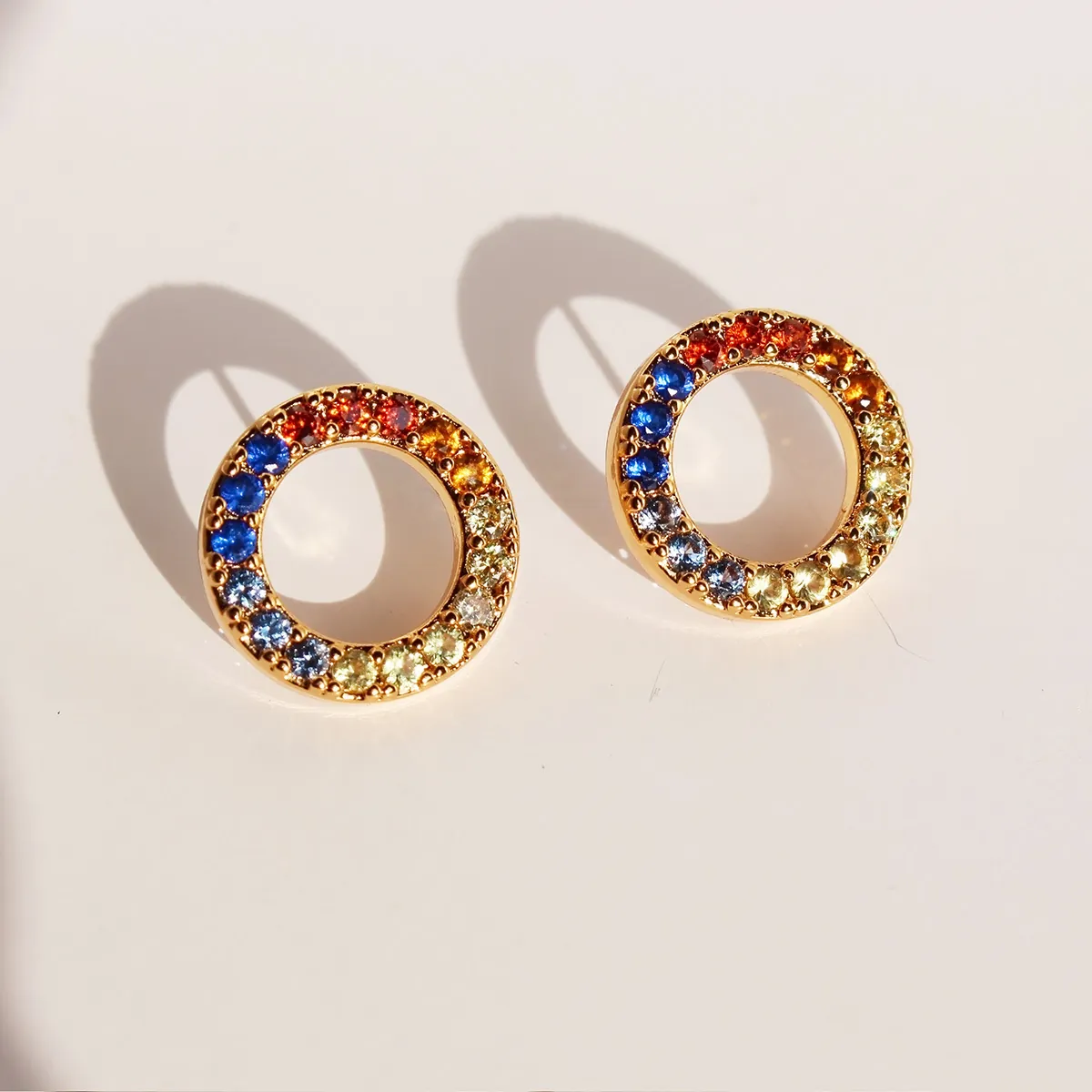 Rainbow Circle Stud Earrings With 925 Sterling Silver Earring Post Minimalist Colorful Cubic Zirconia Brass Jewelry