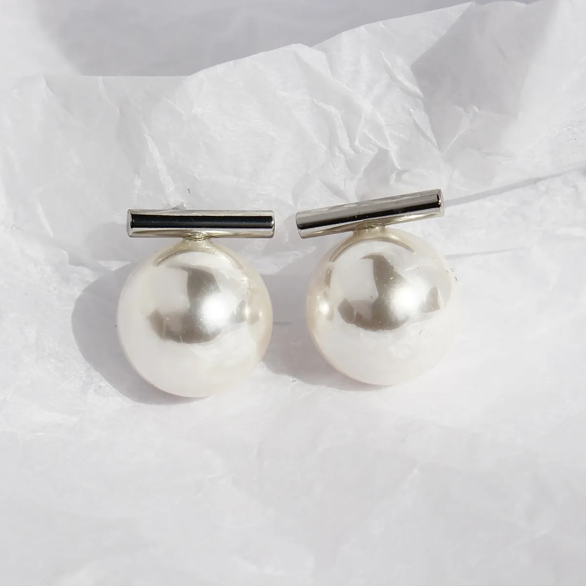 Minimalist Large Artificial Pearl Stud Earrings Horizontal Bar Gold Plated Brass With 925 Sterling Silver Earring Post Elegant Style