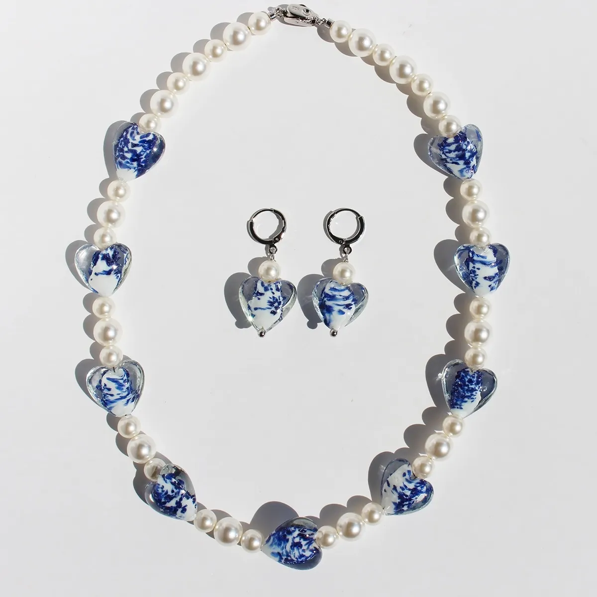 Heart Necklace And Earrings Jewelry Blue White Porcelain Pattern Glass Lampwork Artificial Pearls Retro Chinese Style Women