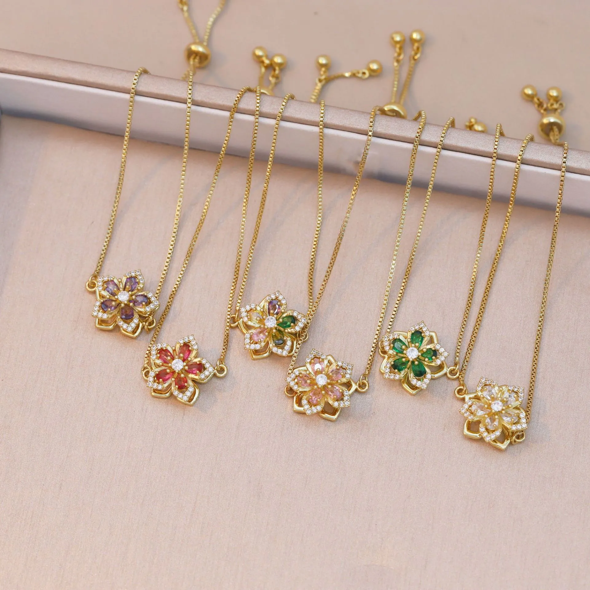 Rotating Flower Pendant Adjustable Slider Bracelet Copper Colorful Cubic Zirconia Box Chain Elegant Jewelry For Women