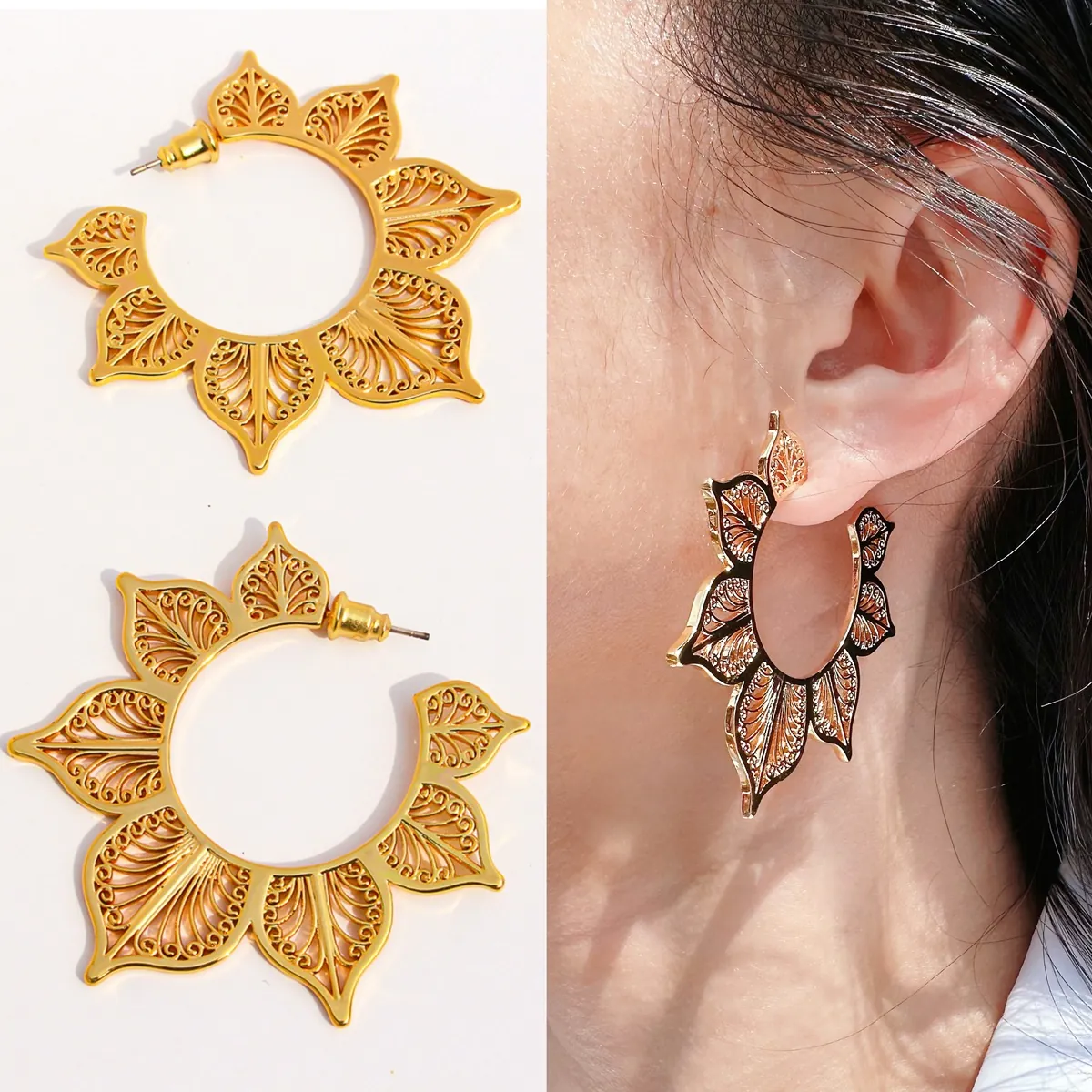 Hollow Out Blume Creolen Mit 925 Sterling Silber Ohrstecker Vergoldetem Messing Bohemian Vintage Schmuck Damen
