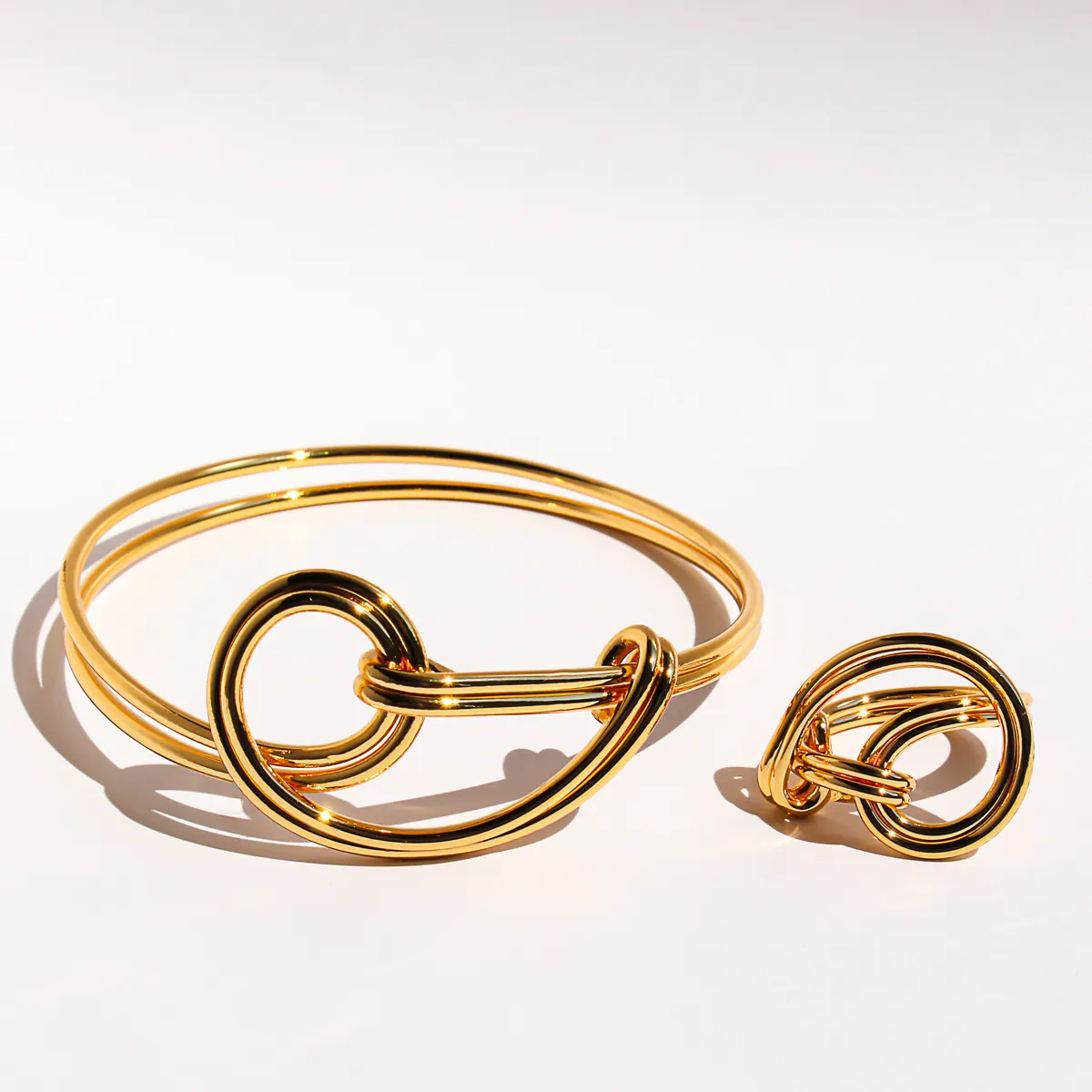 Minimalist Brass Knotted Open Bangle Bracelet And Interlocking Hollow Line Ring For Women Gold Silver Plated Statement Jewelry