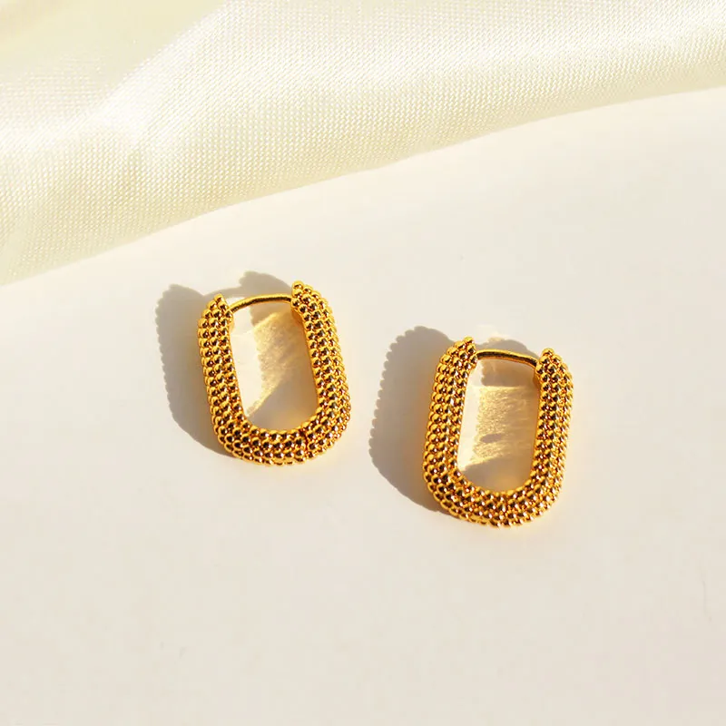 Vintage Beaded Texture U-Shape Hoop Earrings Gold Plated Brass Rectangle Huggie Geometric Fashion Jewelry For Women