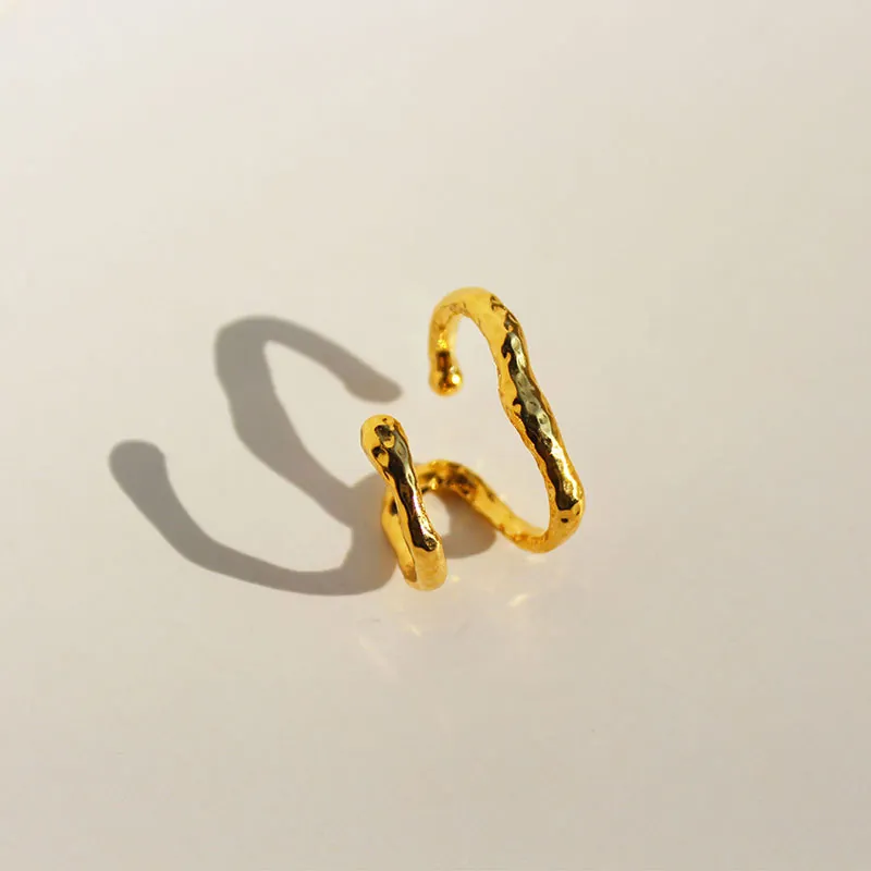 Irregular Wave Ear Cuff Brass Gold Plated Hammered Texture Double Layer Non Piercing Clip On Earrings For Women Minimalist