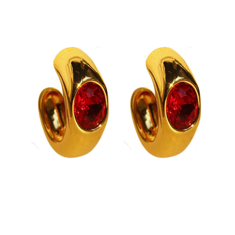 Boucles D'oreilles Créoles En Forme De C Vintage Laiton Avec Tige En Argent Émeraude Rubis Zircone Géométrique Pour Femmes