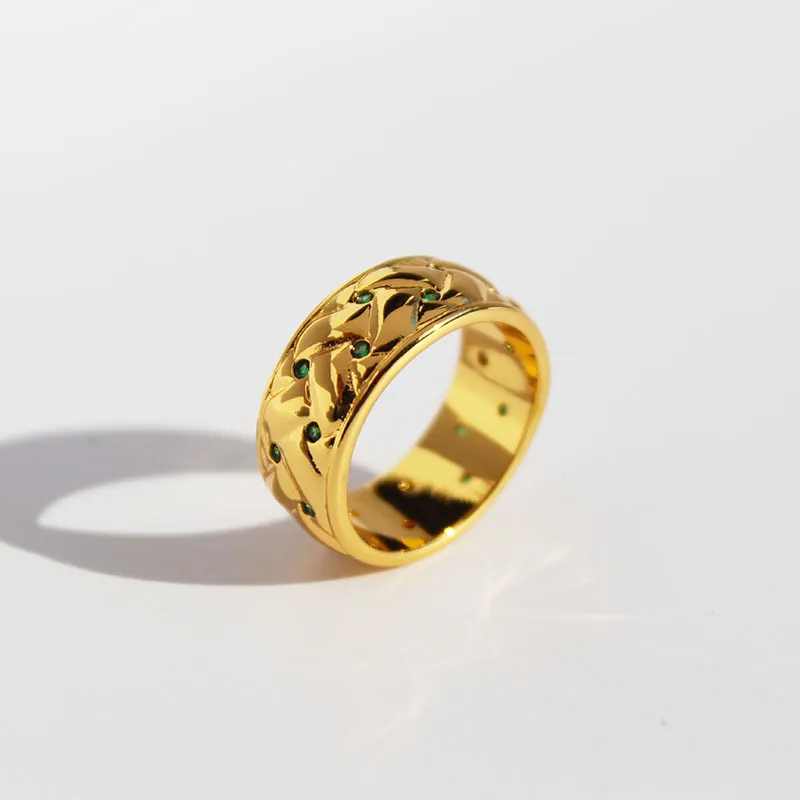 Wide Band Ring Vintage Brass Gold Plated Green Zircon Quilted Lattice Pattern Retro Niche Jewelry For Women