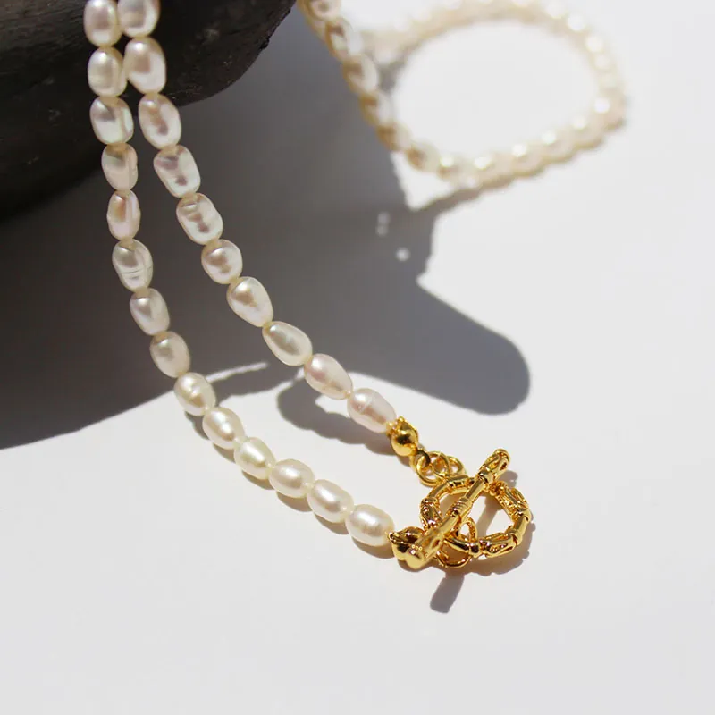 Freshwater Pearl Necklace French Vintage Elegant Choker Brass Gold Plated Toggle Clasp Rice Pearl Jewelry For Women