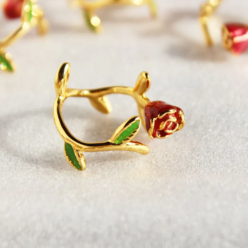 Vintage Red Rose Flower Open Ring For Women Copper Enamel Drip Glaze Adjustable Floral Finger Jewelry French Retro Style