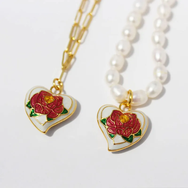 Vintage Heart Rose Enamel Pendant Necklace Copper And Artificial Pearl Jewelry For Women Romantic Flower Design