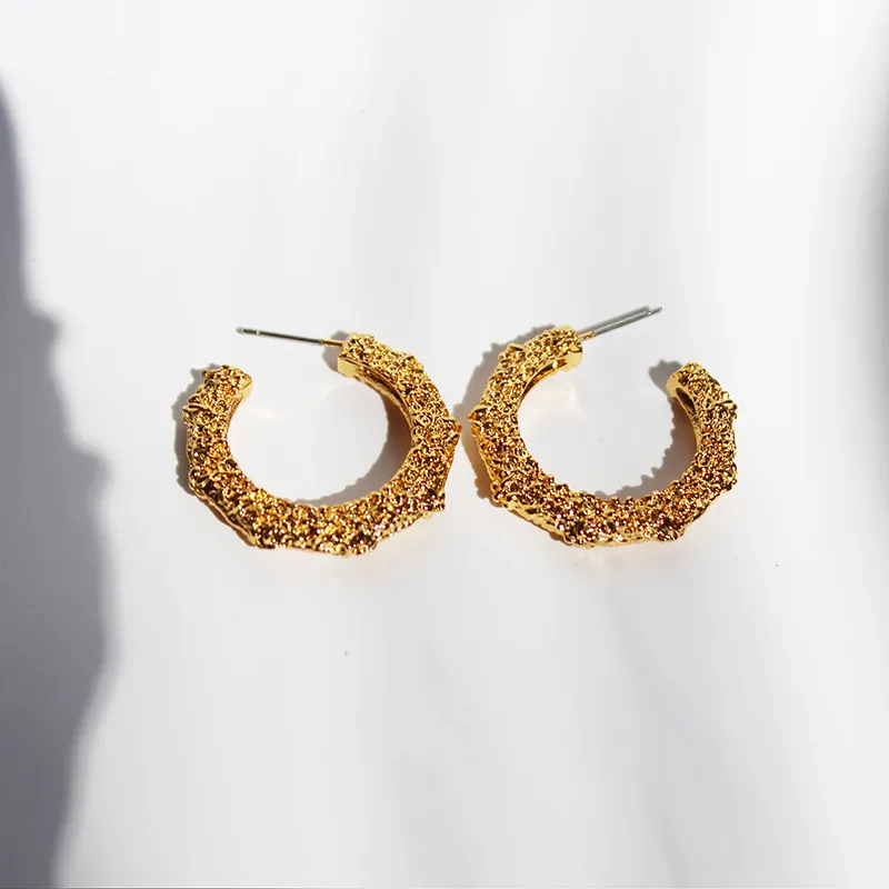 Hammered Brass C Shaped Hoop Earrings Irregular Lava Texture Metallic Retro Fashion Women