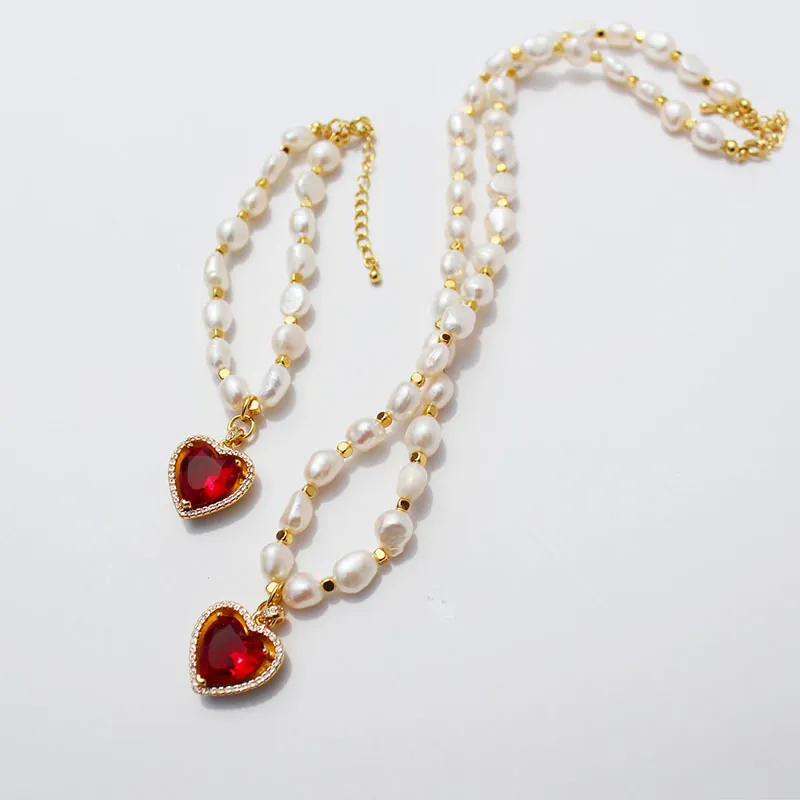 Gioielli Di Perle Barocche D Acqua Dolce Ciondolo Cuore Zircone Rosso Ottone Placcato Oro Collana Bracciale Vintage Elegante Donna