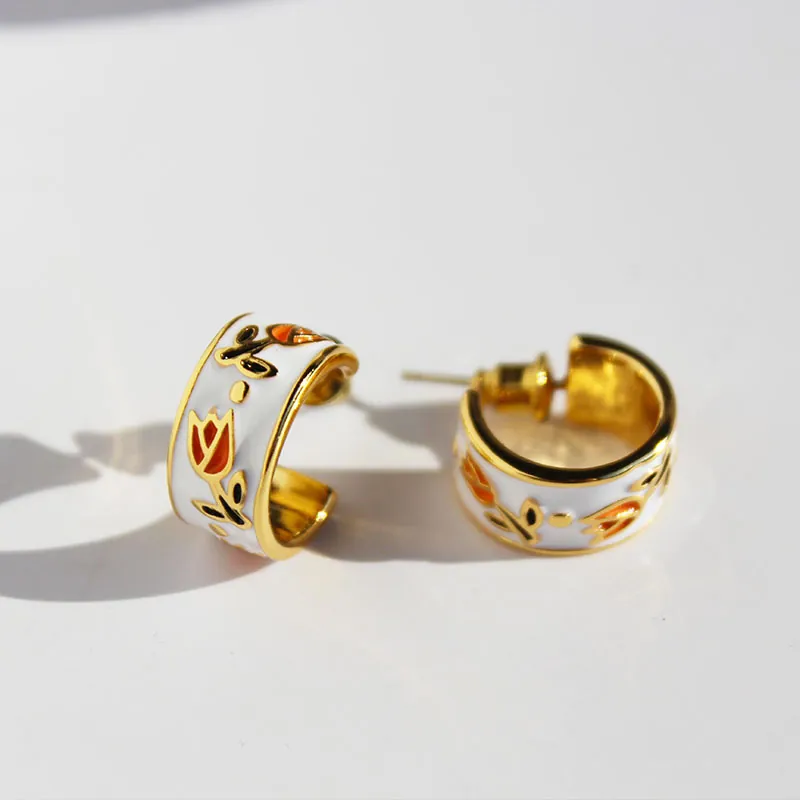 Brass Enamel Tulip Flower Hoop Earrings With Silver Earring Post French Vintage Style For Women