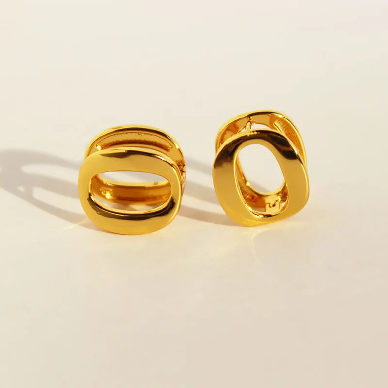 Brass Gold Plated Geometric Oval Hollow Double Ring Hoop Earrings Minimalist Style With Zircon For Women