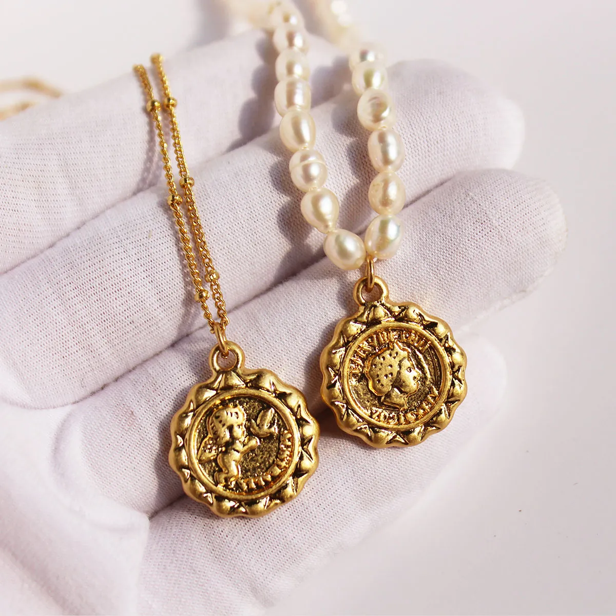 Vintage Brass Coin Pendant Necklace With Freshwater Pearl Relief Portrait Angel Wing For Women