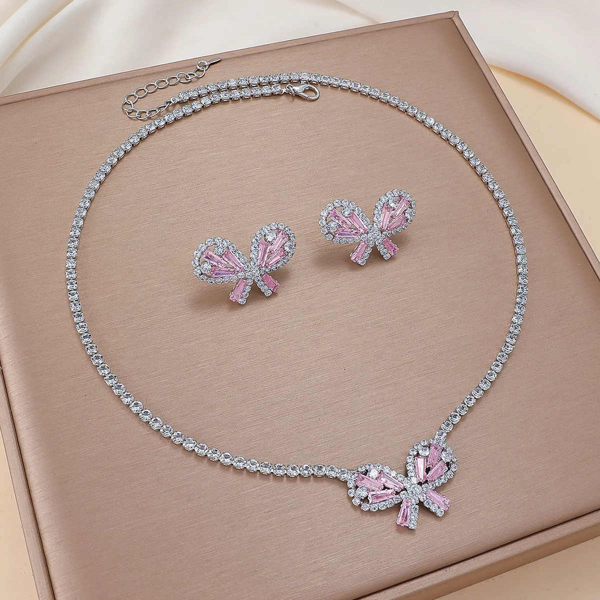 Collier Et Boucles D'Oreilles Papillon Bijoux Cuivre Zircone Baguette Rose Chaîne Tennis Accessoires Élégants Pour Femmes