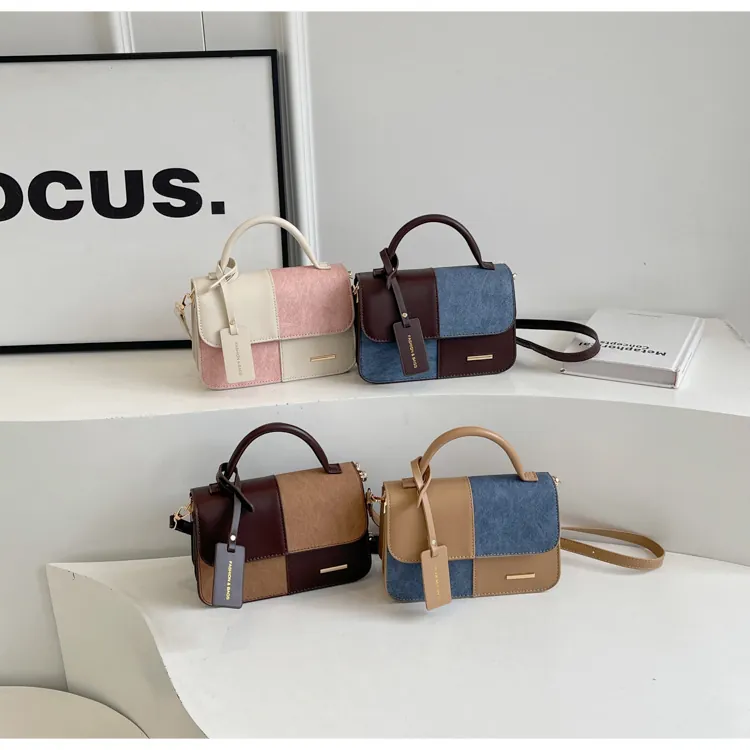 Retro Contrast Color Patchwork Small Square Handbag PU Leather Denim Texture Shoulder Crossbody Bag For Women
