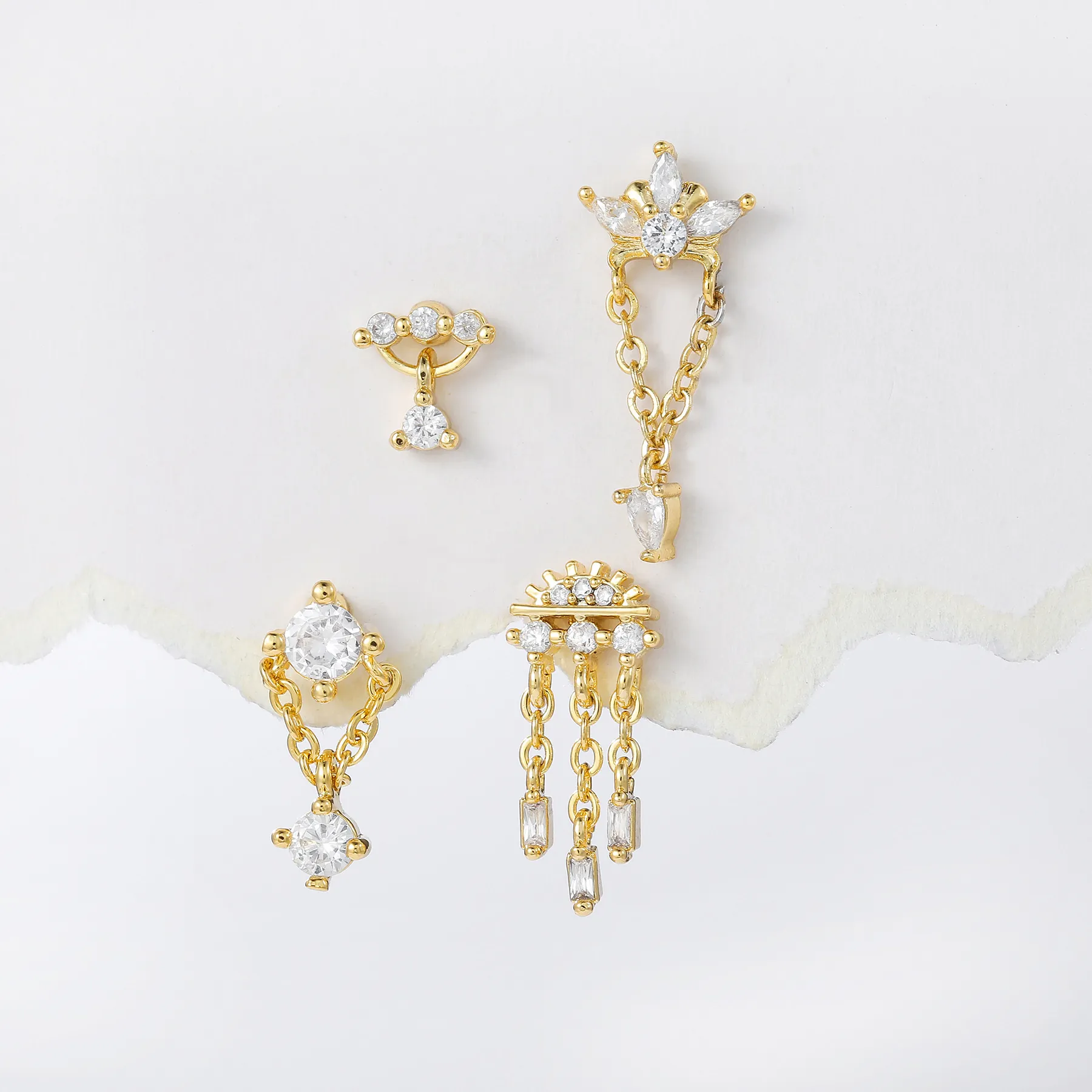 Gold Plated Brass Zircon Stud Earrings Tassel Chain Dangle Leaf Crown Stainless Steel Earring Post Screw Back