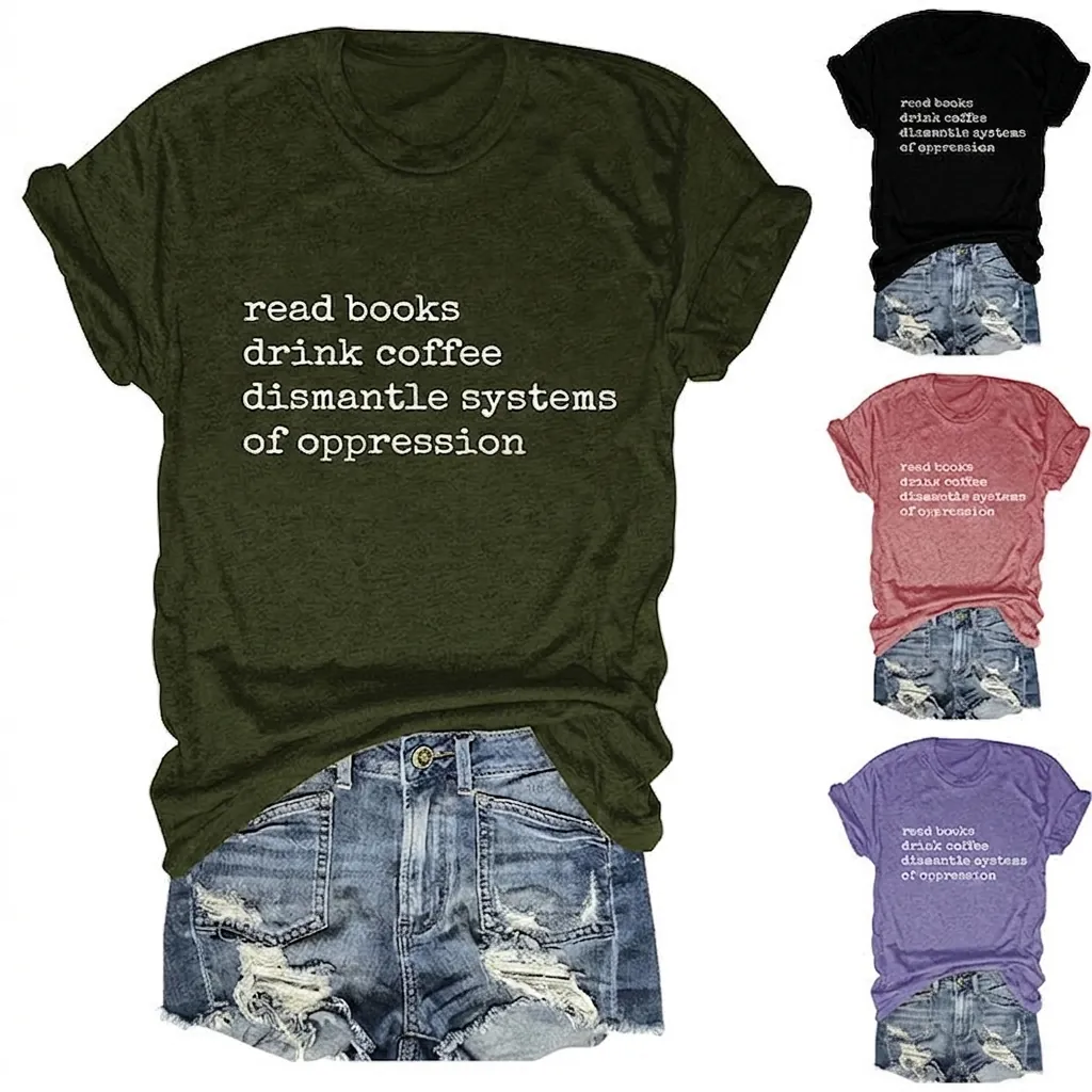 Women Casual Cotton Blend Round Neck T-Shirt Read Books Drink Coffee Letter Print Loose Short Sleeve Summer Basic Top