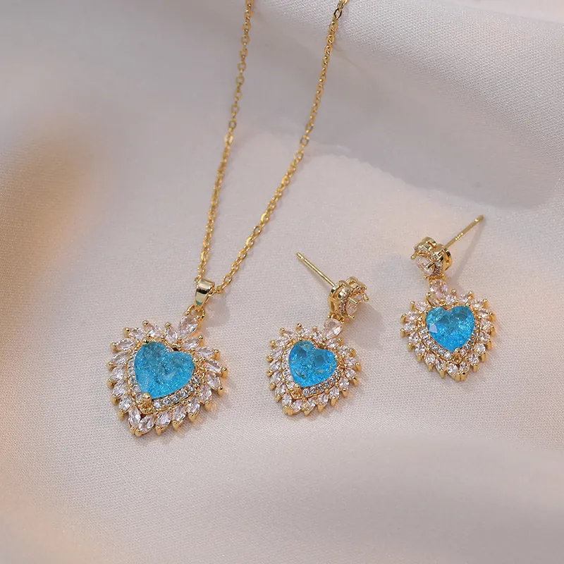 Heart Pendant Necklace And Stud Earrings Blue Zircon Inlaid Copper Titanium Steel Fashion Jewelry For Women Romantic Gift