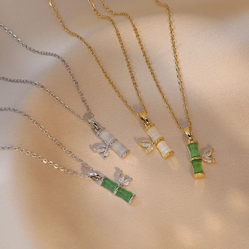 Collier Pendentif Noeud De Bambou Vintage Acier Titane Avec Feuille De Zircon Et Pierre Oeil De Chat Synthétique Pour Femme