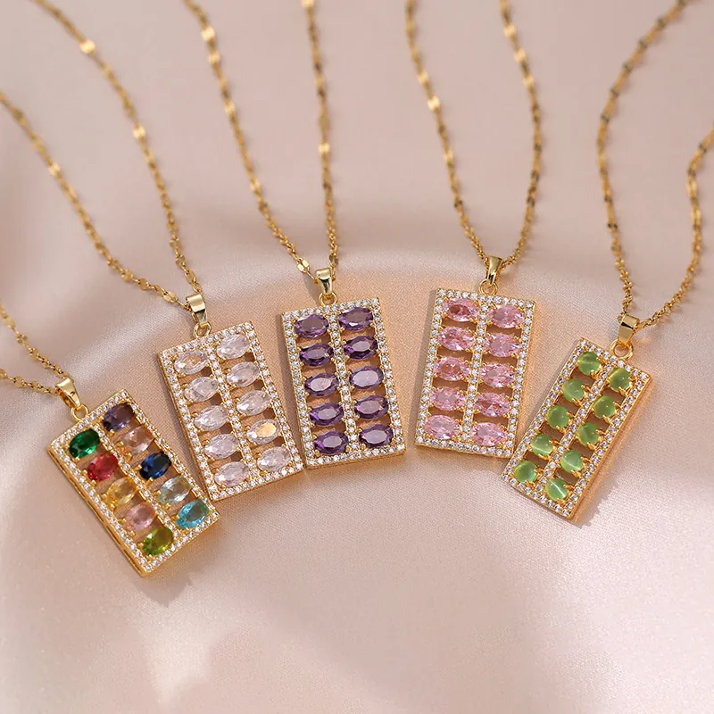 Abacus Pendant Necklace Stainless Steel Zircon Colorful Gemstone Square Rhinestone Clavicle Chain Trendy Jewelry Women