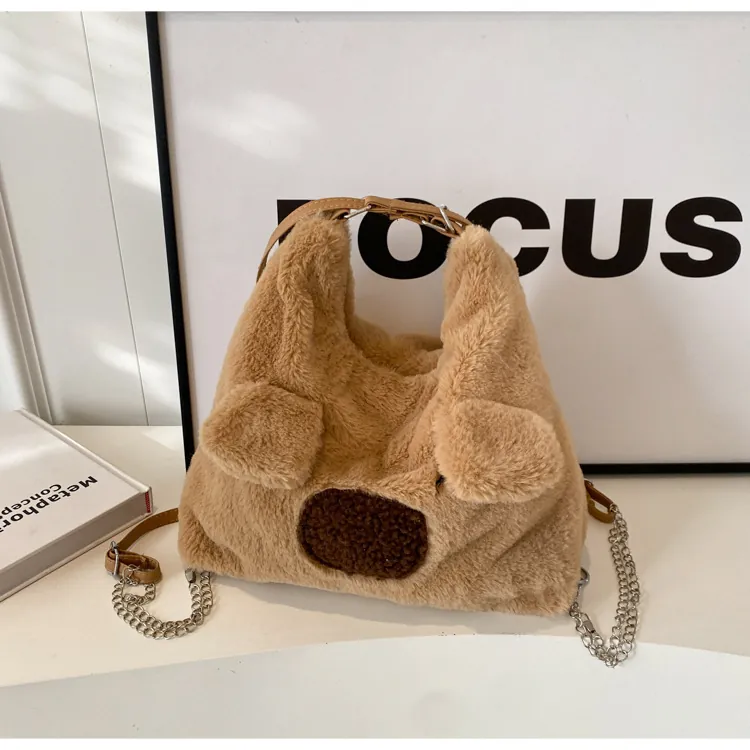 Cute Animal Ears Plush Tote Bag For Women Large Capacity Faux Fur Shoulder Crossbody Handbag Trendy Autumn Winter