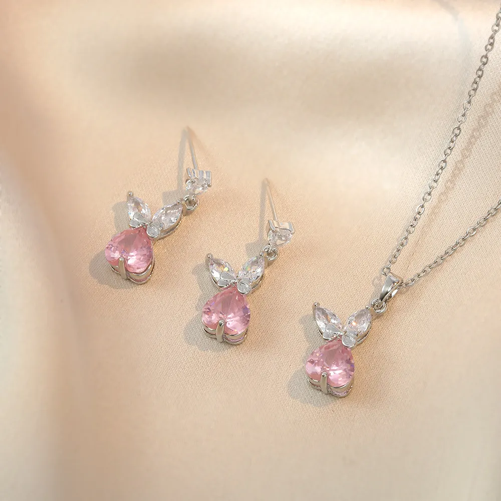 Collar Y Pendientes Con Colgante De Conejo Corazón Circonita Rosa Incrustada Joyería De Acero Inoxidable Para Mujeres Niñas Moda