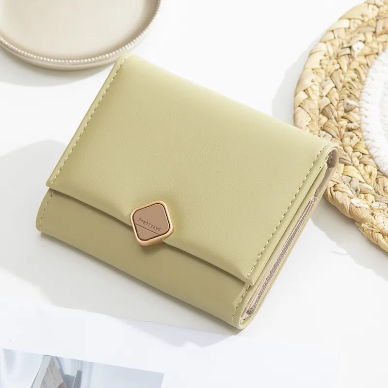 Women's Short Three-fold PU Leather Wallet Minimalist Solid Color Card Holder Coin Purse With Square Hardware Buckle