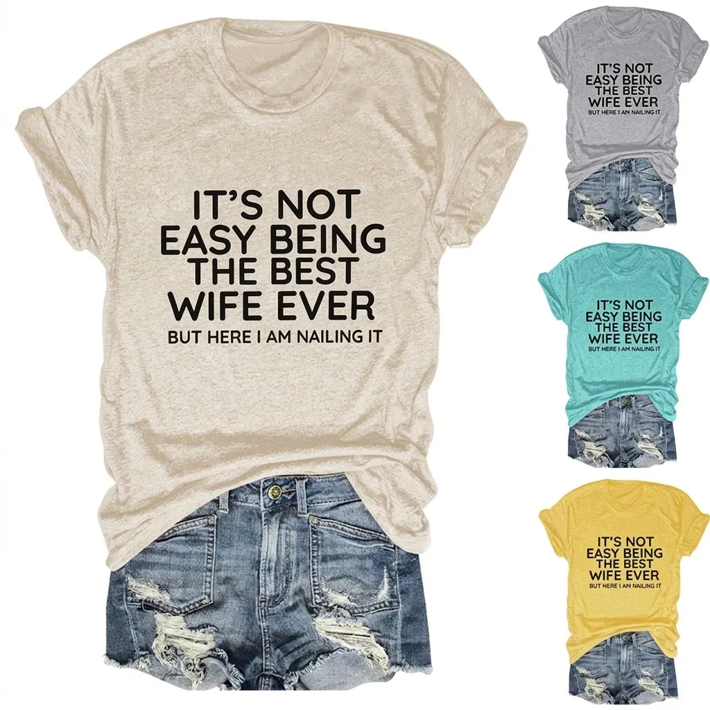Maglietta da Donna con Slogan Divertente IT'S NOT EASY BEING THE BEST WIFE EVER Manica Corta Girocollo Casual Misto Cotone