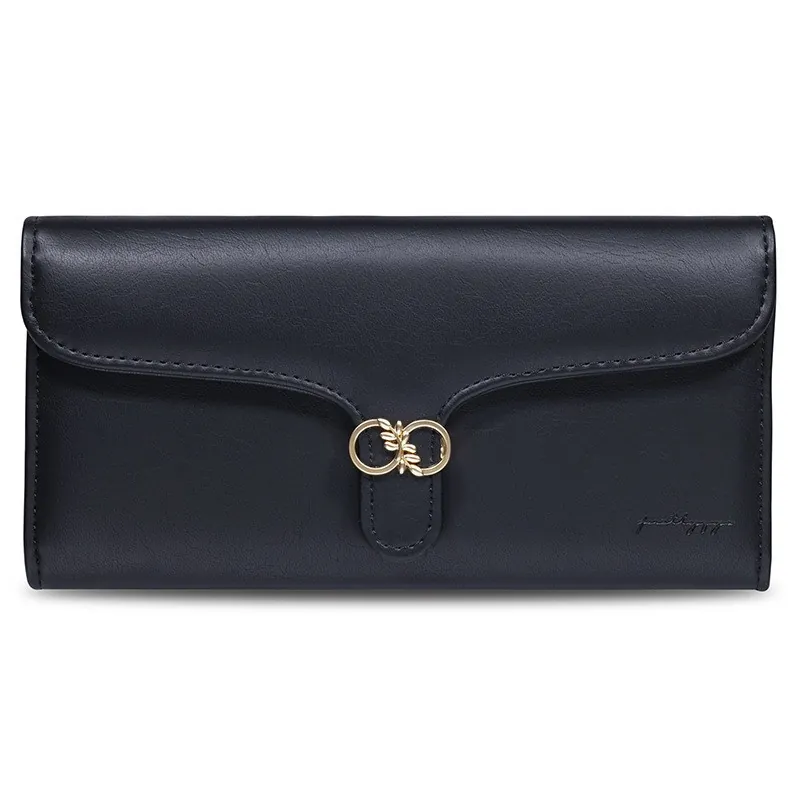 Women Long Wallet PU Leather Tri-fold Large Capacity Clutch Elegant Solid Color Card Holder With Golden Buckle