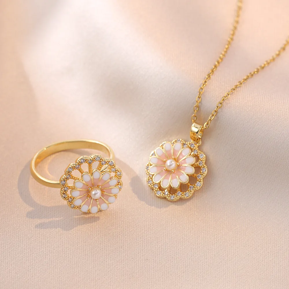 Rotating Daisy Flower Pendant Necklace And Ring Titanium Steel Enamel Zircon Artificial Pearl Fashion Jewelry For Women