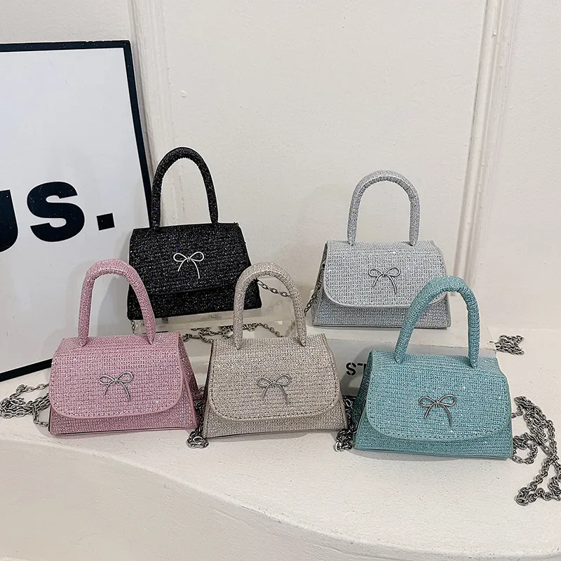 Women Elegant Glitter Bowknot Mini Handbag With Metal Chain Strap Sparkle Evening Party Crossbody Bag Shoulder Purse