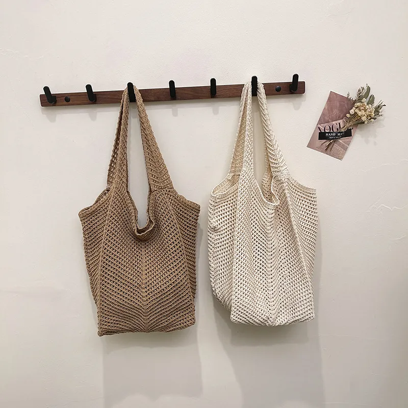 Grand Sac Cabas Tricoté pour Femmes Sac à Épaule Ajouré au Crochet Sac à Main d'Été pour la Plage Sac de Shopping Léger