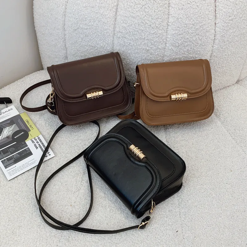 Retro PU Leather Small Square Crossbody Bag For Women Fashion Minimalist Shoulder Bag With Gold Metal Lock Adjustable Strap