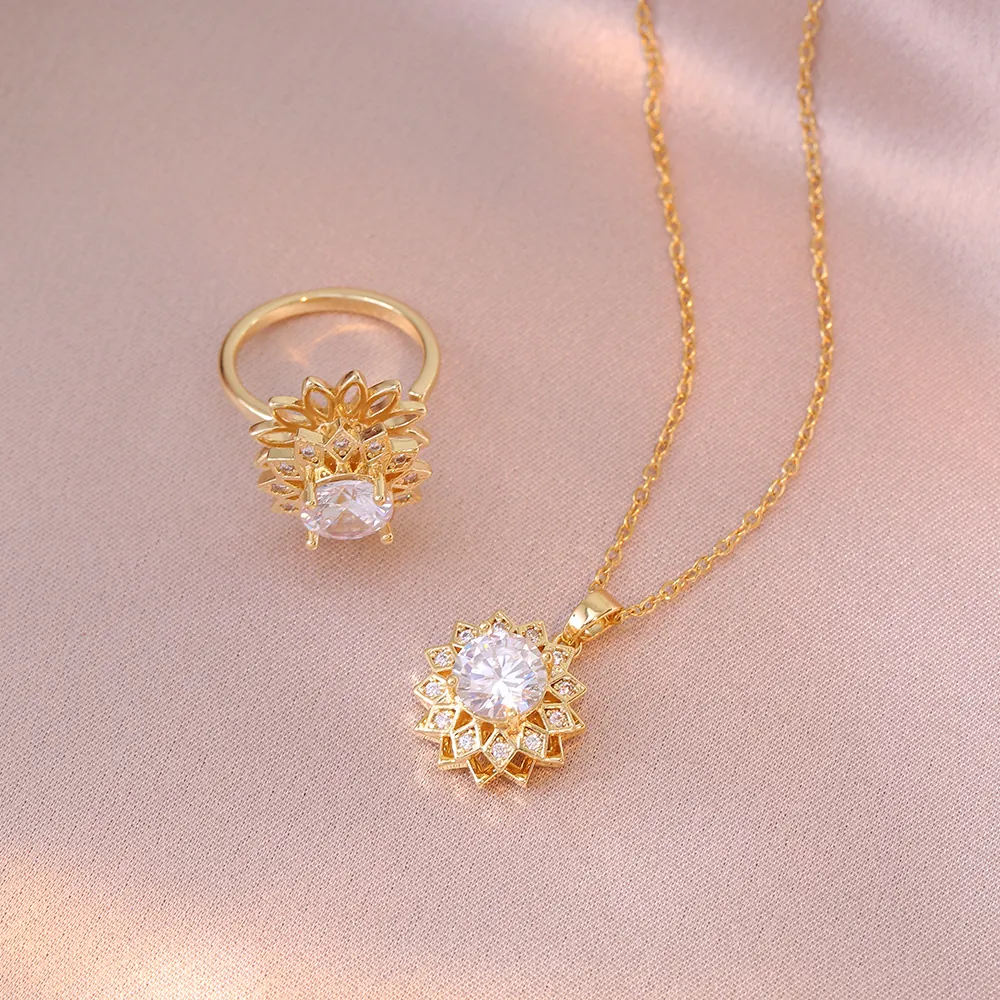 Collana Con Pendente Girasole Rotante Per Donna Acciaio Al Titanio Rame Zircone Intarsiato Moda Gioielli Di Lusso Leggeri