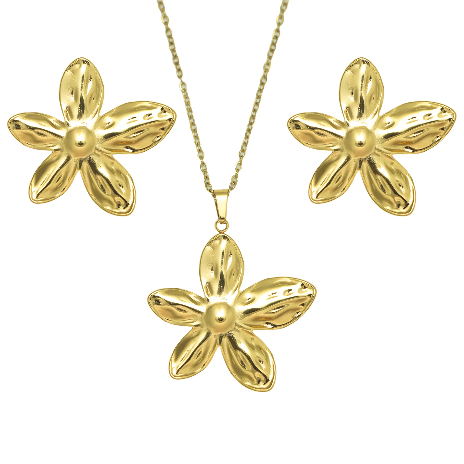 Elegant Flower Stainless Steel 18K Gold Plated Hammered Texture Pendant Necklace And Stud Earrings For Women