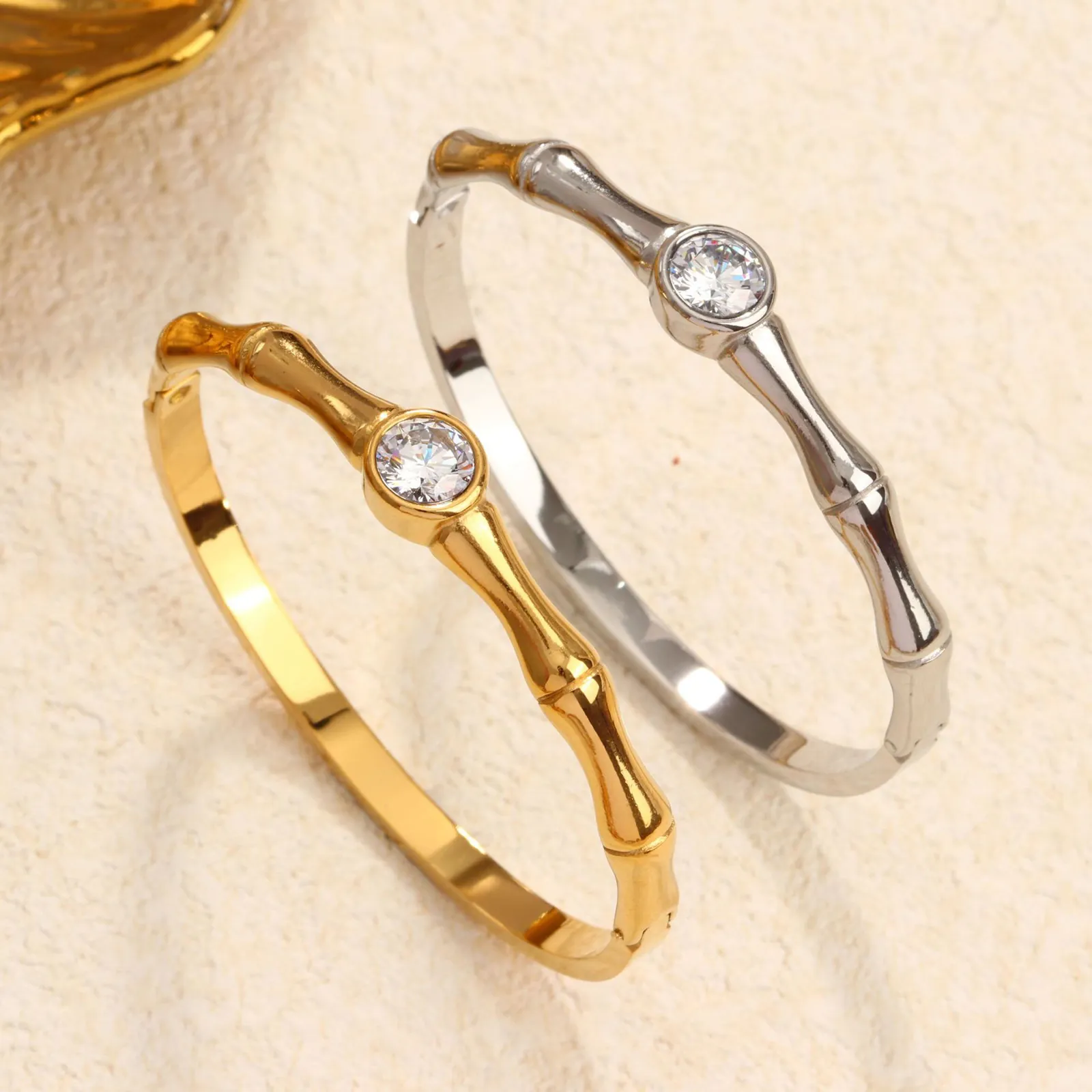 Fashion Bamboo Joint Bangle Bracelet Stainless Steel With Round Clear Zircon For Women Luxury Minimalist Jewelry