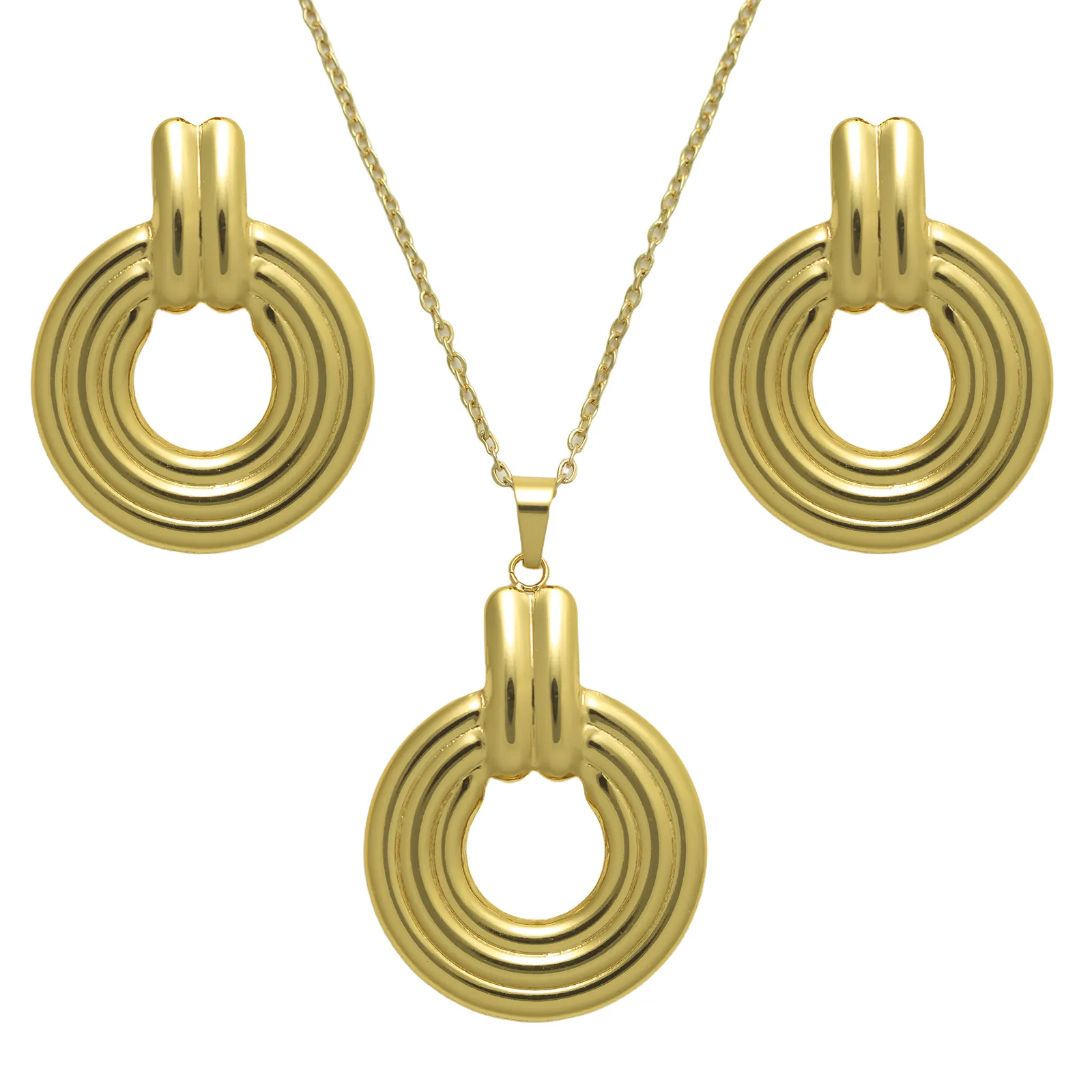Stainless Steel Jewelry Gold Plated Concentric Circle Hollow Necklace And Earrings Elegant Geometric For Women