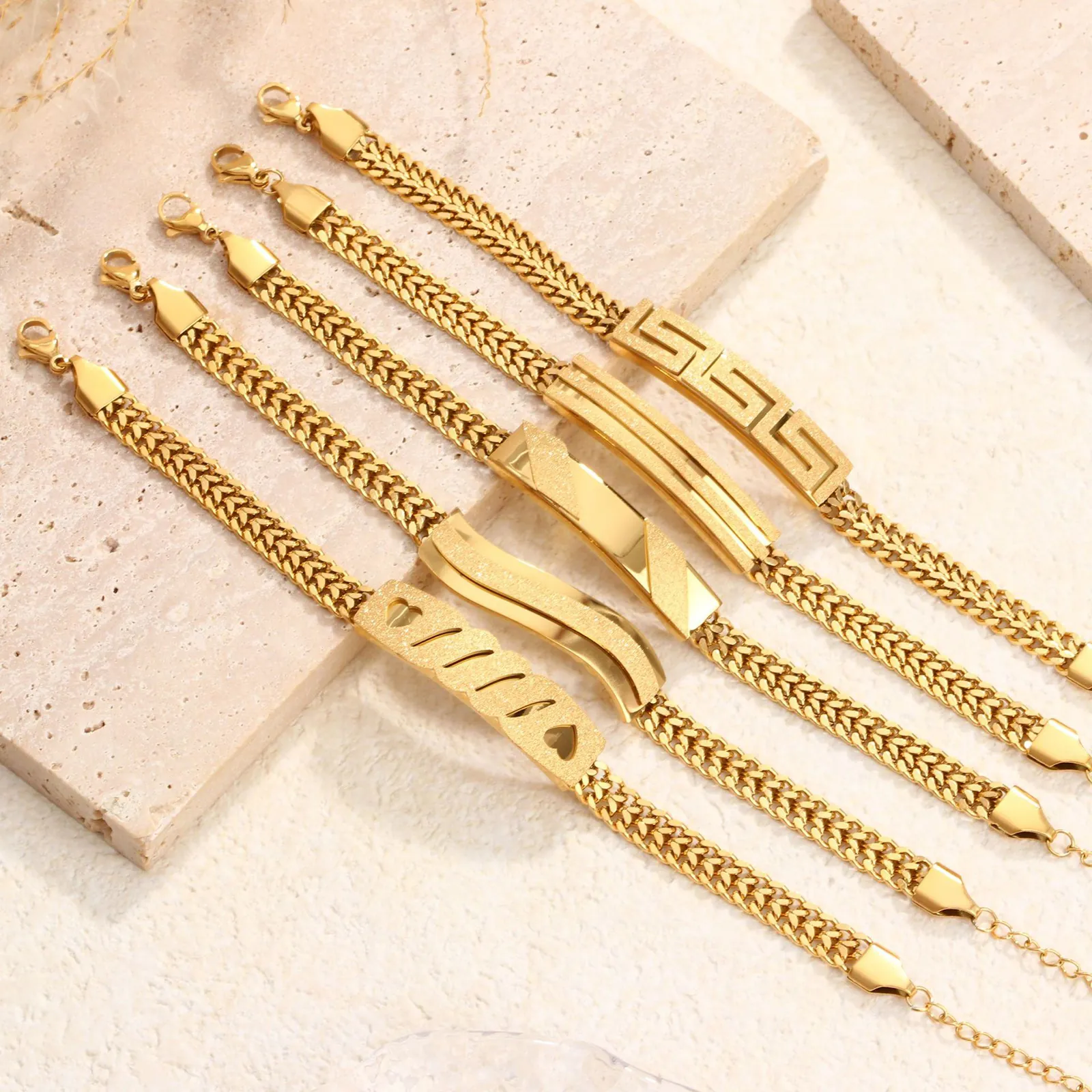 Fashion Stainless Steel Gold Plated Bracelet For Women Men Hip Hop Geometric Greca Heart Wave Pattern Frosted Bar Bangle Jewelry Gift