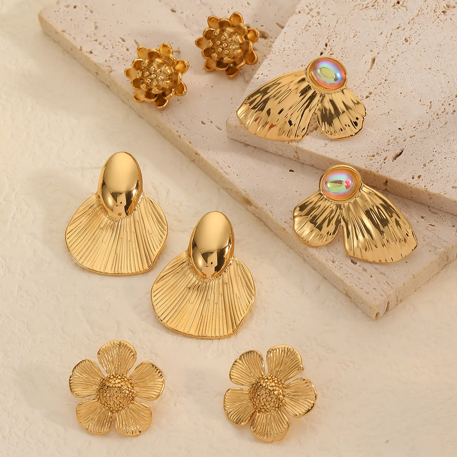 Vintage 18K Gold Plated Stainless Steel Flower Petal Stud Earrings For Women Textured Retro Lotus Floral Jewelry