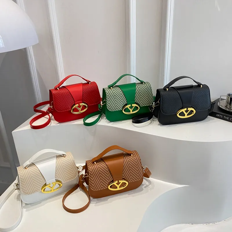 Fashion Stitching Women Handbag Crossbody Bag Metal V Logo Lock Decoration PU Leather Weaving Texture Small Square Bag Daily Commuting Purse