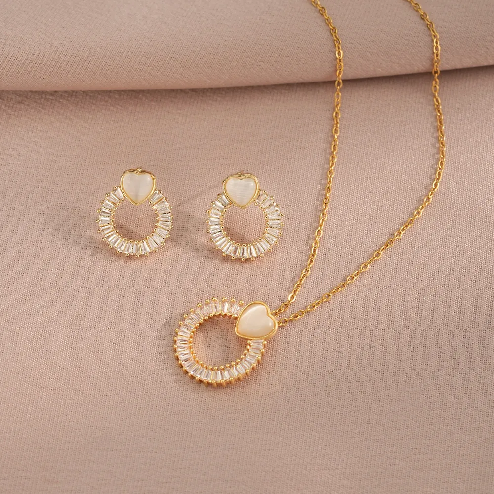 Heart Pendant Necklace And Stud Earrings Jewelry Stainless Steel Gold Plated Cubic Zirconia Elegant Style Women