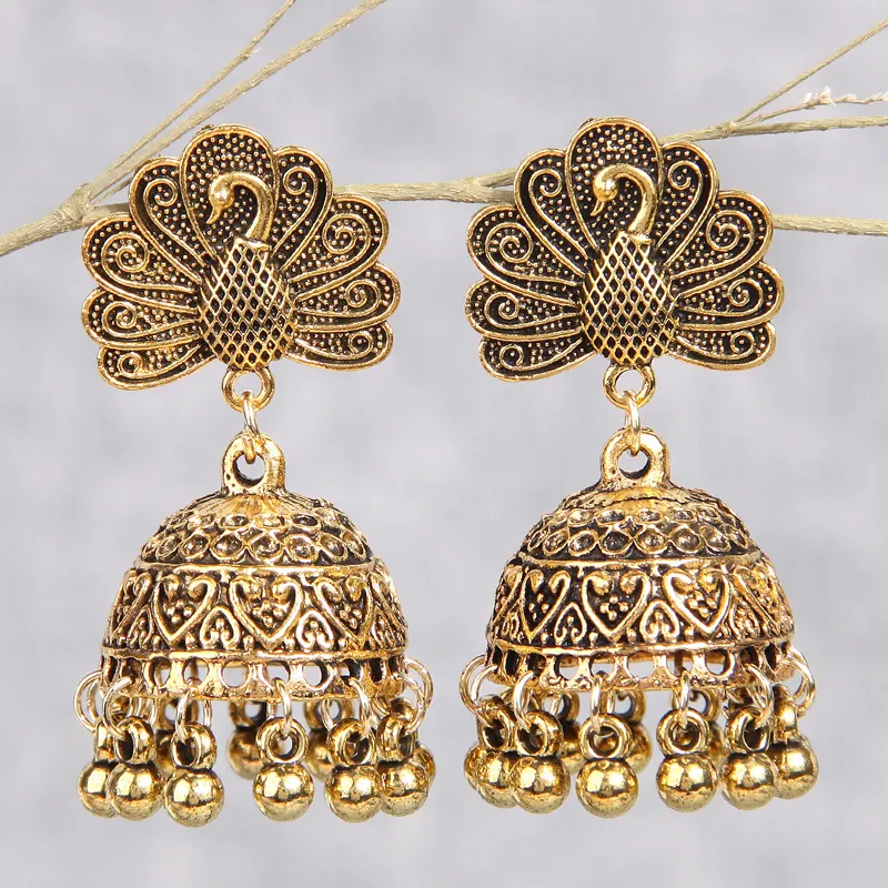 Vintage Peacock Jhumka Bell Earrings Alloy Ethnic Tassel Hollow Heart Statement Jewelry For Women Retro Style