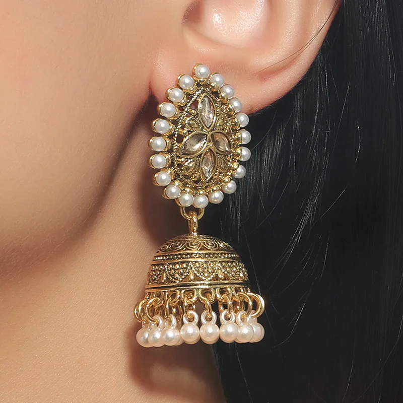 Indian Ethnic Jhumka Bell Drop Earrings Alloy Faux Artificial Pearl Rhinestone Retro Gold Vintage Court Style For Women
